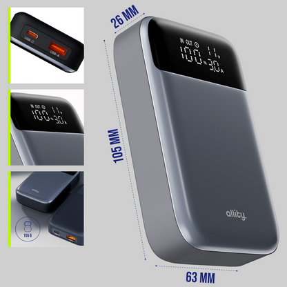 Allity Ekstern Batteri. APB-200 PocketPower, 10000mAh, 33W, QC + PD, 1 x USB-A - 1 x USB-C, Grå