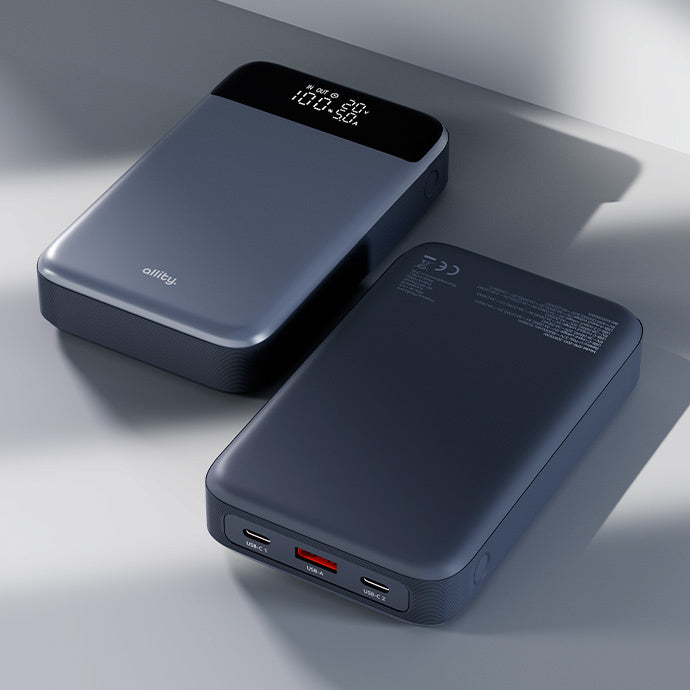 Ekstern batteri Allity. APB-200 PocketPower, 19200mAh, 130W, QC + PD, 1 x USB-A - 2 x USB-C, Grå