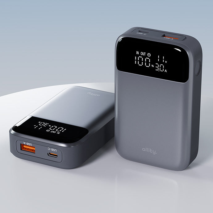 Allity Ekstern Batteri. APB-200 PocketPower, 10000mAh, 33W, QC + PD, 1 x USB-A - 1 x USB-C, Grå