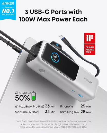 Ekstern batteri Anker, 25000mAh, 165W, QC + PD, 1 x USB-A - 3 x USB-C, Sølv, Resealed A1695H41