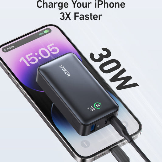 Ekstern batteri Anker 533, 10000mAh, 30W, QC + PD, 1 x USB-A - 2 x USB-C, Svart A1256G11