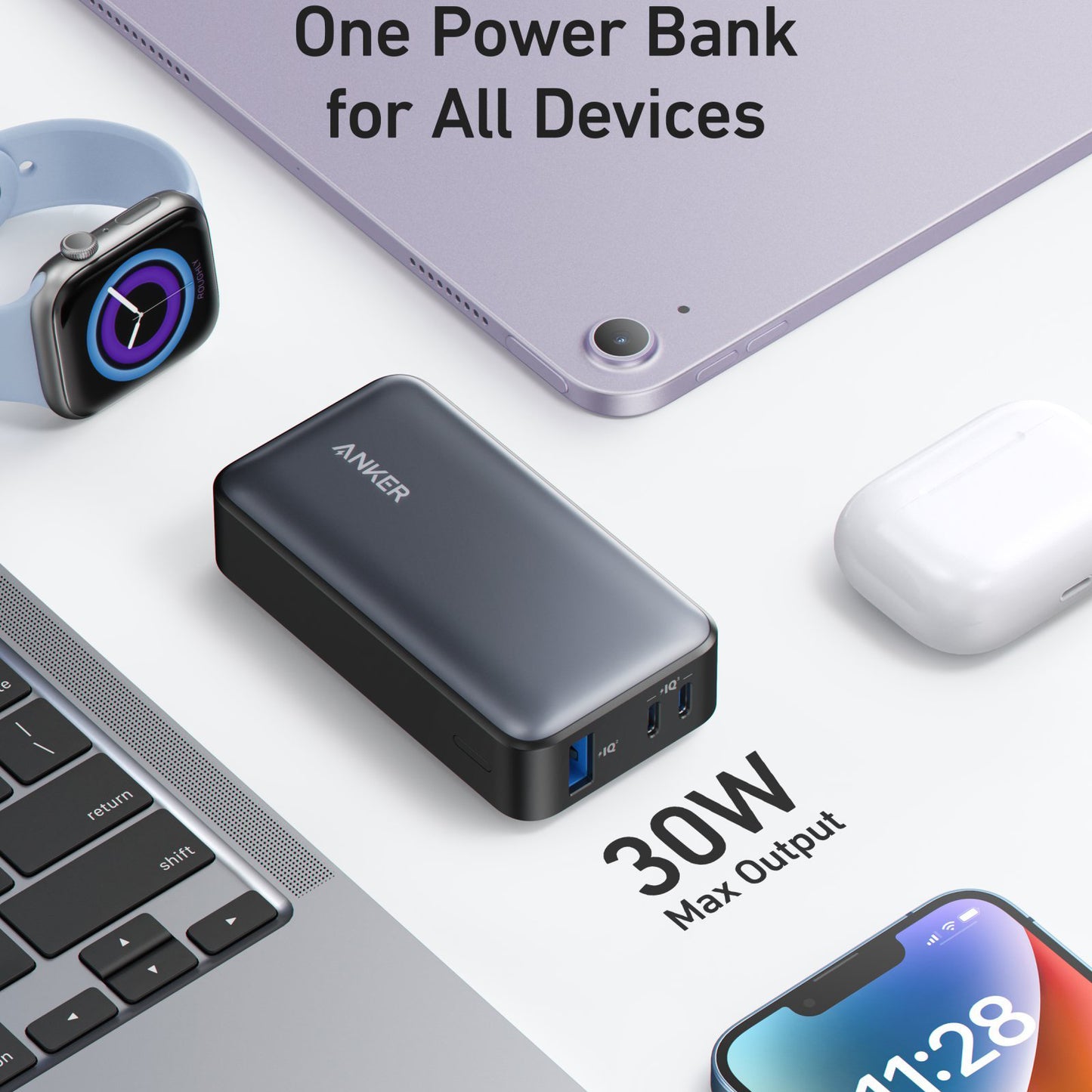 Ekstern batteri Anker 533, 10000mAh, 30W, QC + PD, 1 x USB-A - 2 x USB-C, Svart A1256G11