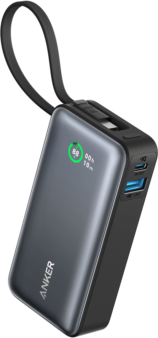 Anker Nano eksternt batteri, 10000 mAh, 30 W, QC + PD, 1 x USB-A - 2 x USB-C, svart A1259G11