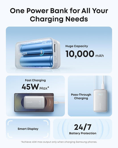 Ekstern batteri Anker Nano, 10000mAh, 45W, QC + PD, 1 x USB-A - 1 x USB-C, Hvit A1638H21