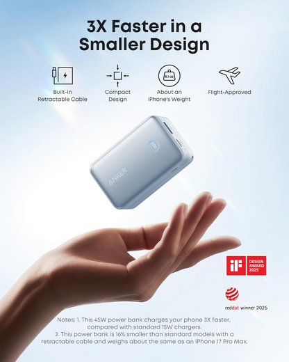 Anker Nano Ekstern Batteri, 10000mAh, 45W, QC + PD, 1 x USB-A - 2 x USB-C, Blå