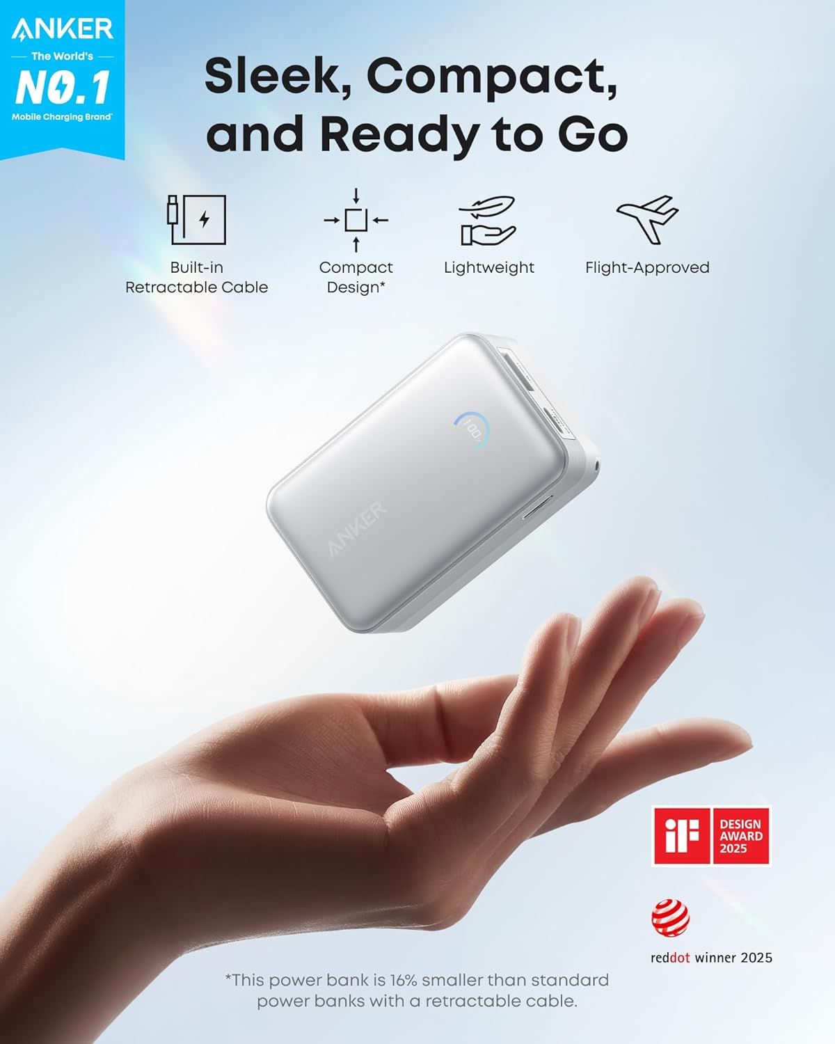 Ekstern batteri Anker Nano, 10000mAh, 45W, QC + PD, 1 x USB-A - 1 x USB-C, Hvit A1638H21