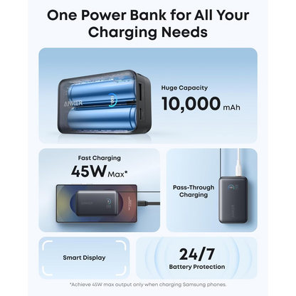 Ekstern batteri Anker Nano, 10000mAh, 45W, QC + PD, 1 x USB-A - 1 x USB-C, Svart A1638H11