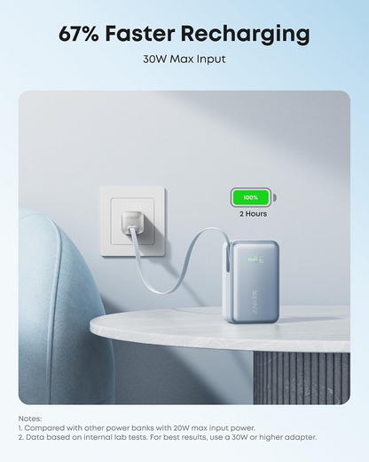 Anker Nano Ekstern Batteri, 10000mAh, 45W, QC + PD, 1 x USB-A - 2 x USB-C, Blå