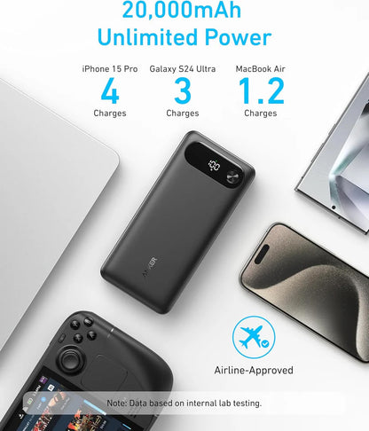 Ekstern batteri Anker PowerCore, 20000mAh, 87W, QC + PD, 1 x USB-A - 2 x USB-C, Svart, Reseglet A1383H11