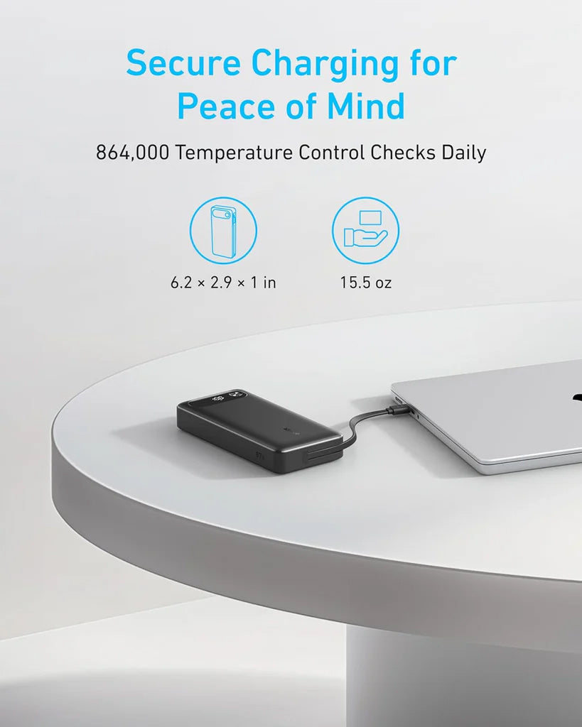 Ekstern batteri Anker PowerCore, 20000mAh, 87W, QC + PD, 1 x USB-A - 2 x USB-C, Svart, Reseglet A1383H11