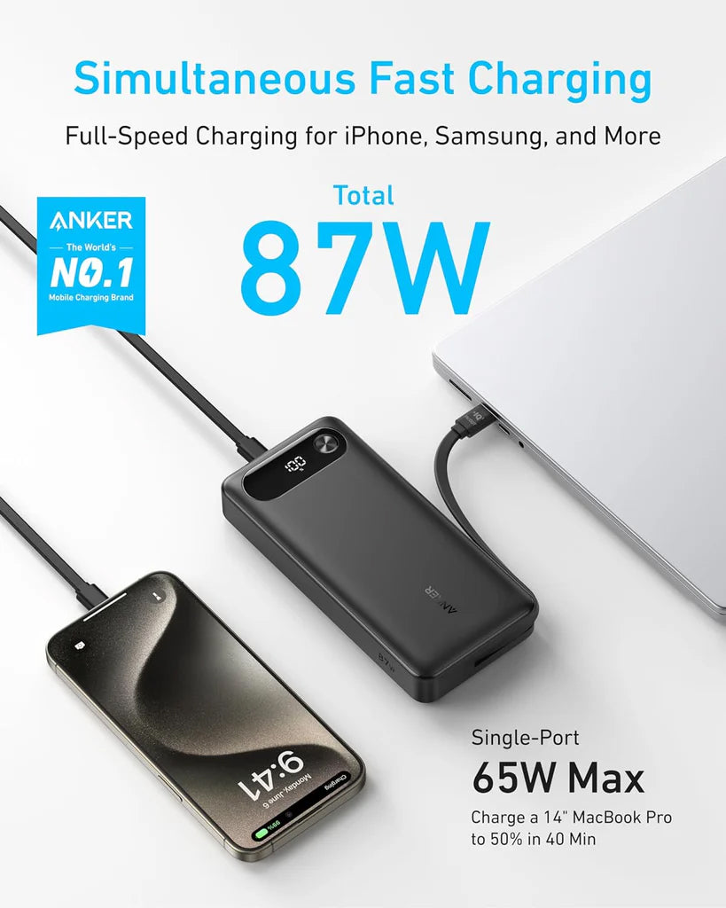 Ekstern batteri Anker PowerCore, 20000mAh, 87W, QC + PD, 1 x USB-A - 2 x USB-C, Svart, Reseglet A1383H11