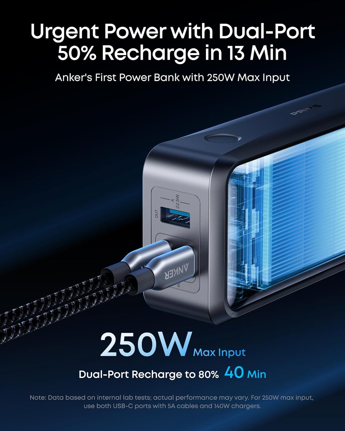 Ekstern batteri Anker Prime, 26250mAh, 300W, QC + PD, 1 x USB-A - 2 x USB-C, Svart A110AH11