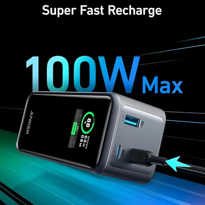 Ekstern batteri Anker Prime, 20000mAh, 200W, QC + PD, 1 x USB-A - 2 x USB-C, Svart, Reseglet A1336011
