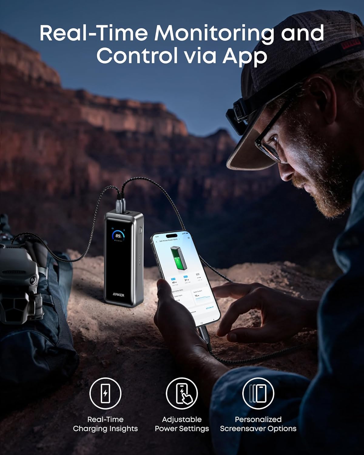Ekstern batteri Anker Prime, 26250mAh, 300W, QC + PD, 1 x USB-A - 2 x USB-C, Svart A110AH11