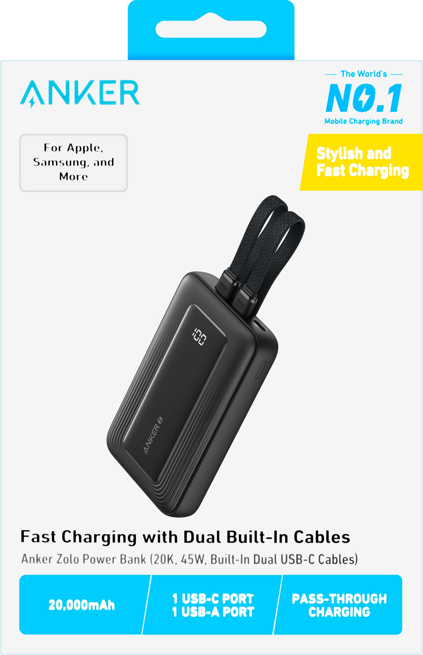 Ekstern batteri Anker Zolo, 20000mAh, 45W, QC + PD, 1 x USB-A - 3 x USB-C, Svart A1681H12