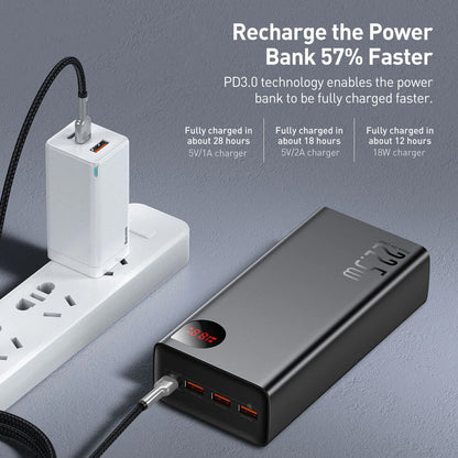 Ekstern batteri Baseus Adaman, 40000mAh, 22.5W, QC + PD, 1 x USB-C - 3 x USB-A, Svart