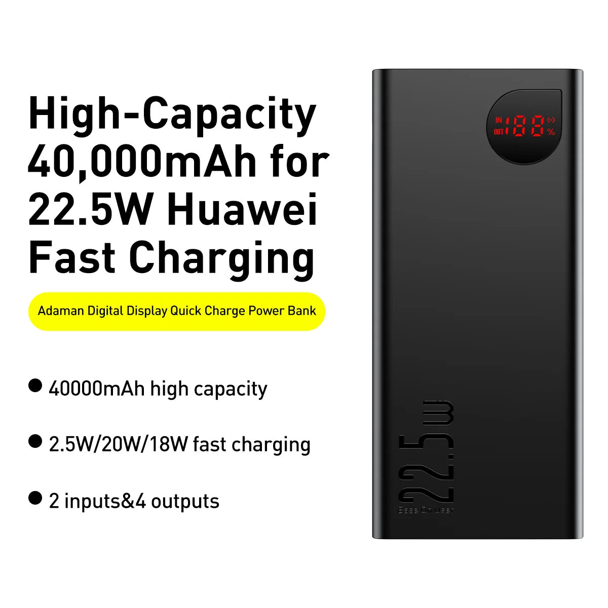 Ekstern batteri Baseus Adaman, 40000mAh, 22.5W, QC + PD, 1 x USB-C - 3 x USB-A, Svart