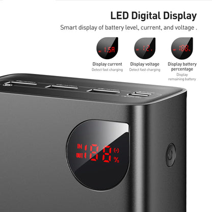 Ekstern batteri Baseus Adaman, 40000mAh, 22.5W, QC + PD, 1 x USB-C - 3 x USB-A, Svart