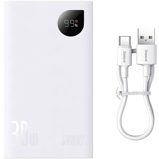 Baseus Adaman2 eksternt batteri, 20000 mAh, 30 W, QC + PD, 1 x USB-C - 2 x USB-A, hvit PPAD080102