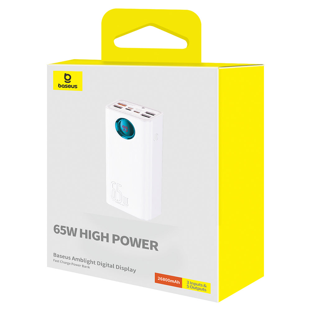 Ekstern Batteri Baseus Amblight Digital Display, 26800mAh, 65W, QC + PD, 1 x USB-C - 4 x USB-A, Hvit P10022402223-00