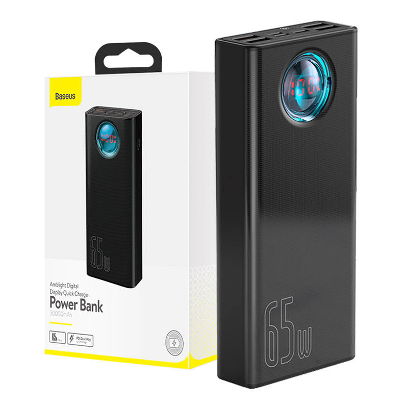 Ekstern Batteri Baseus Amblight Digital Display, 30000mAh, 65W, QC + PD, 1 x USB-C - 4 x USB-A, Svart PPLG000101