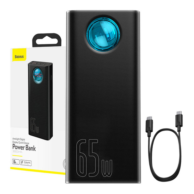 Ekstern Batteri Baseus Amblight Digital Display, 30000mAh, 65W, QC + PD, 1 x USB-C - 4 x USB-A, Svart PPLG000101