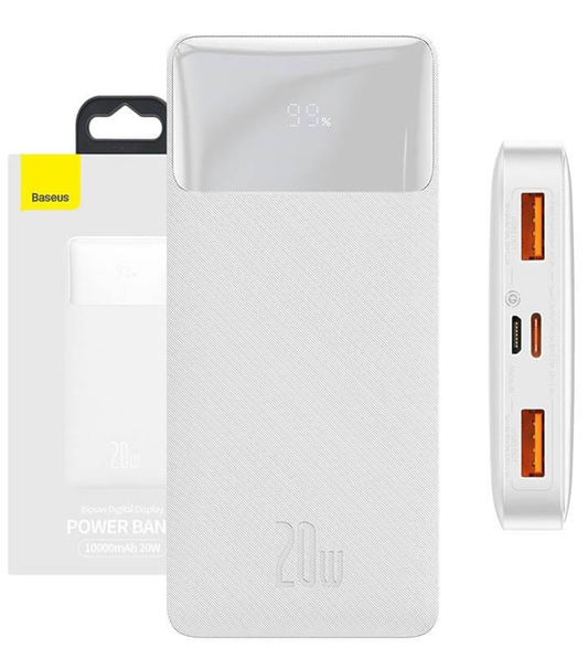Ekstern batteri Baseus Bipow, 10000mAh, 20W, QC + PD, 1 x USB-C - 2 x USB-A, Hvit PPBD050502