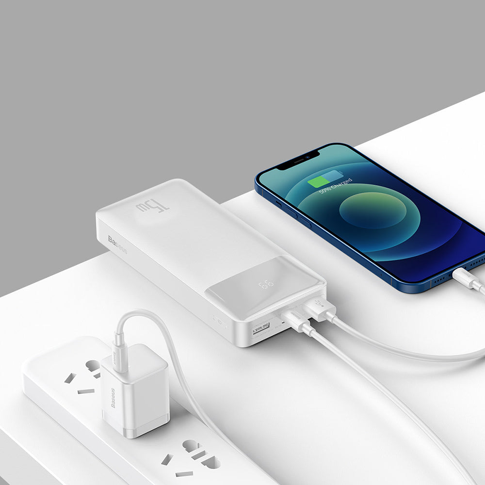 Ekstern batteri Baseus Bipow, 20000mAh, 15W, 1 x USB-C - 2 x USB-A, Hvit PPBD050102