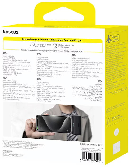 Baseus Compact Ekstern Batteri, 5000mAh, 20W, PD, 2 x USB-C, Svart P10068306113-00