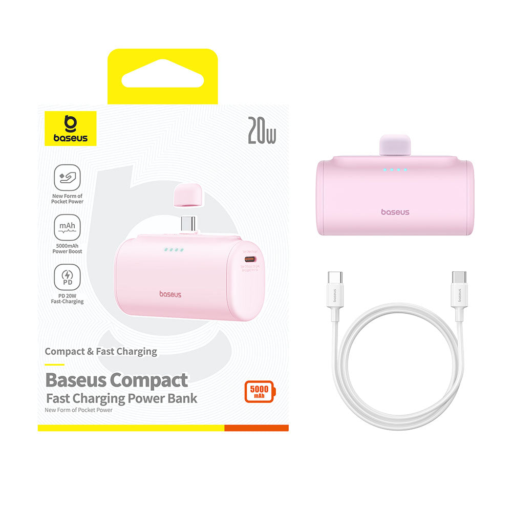 Ekstern batteri Baseus Compact, 5000mAh, 20W, PD, 2 x USB-C, Rosa P10068306413-00