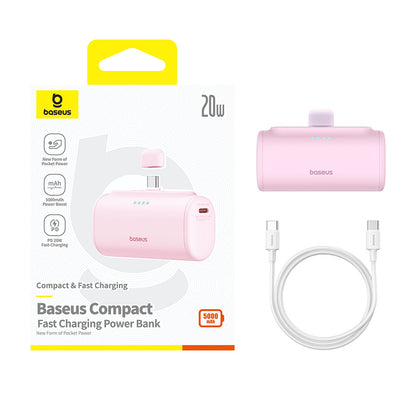 Ekstern batteri Baseus Compact, 5000mAh, 20W, PD, 2 x USB-C, Rosa P10068306413-00