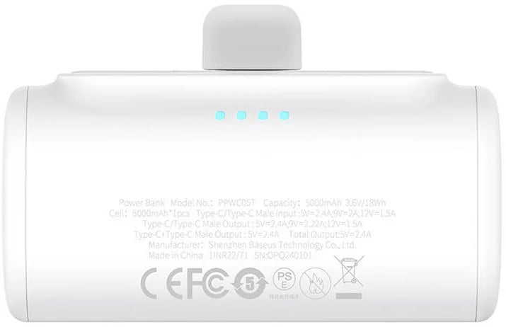 Ekstern batteri Baseus Compact, 5000mAh, 20W, PD, 2 x USB-C, Hvit P10068306213-00
