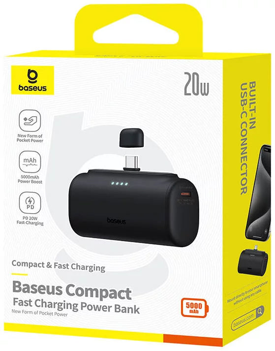 Baseus Compact Ekstern Batteri, 5000mAh, 20W, PD, 2 x USB-C, Svart P10068306113-00