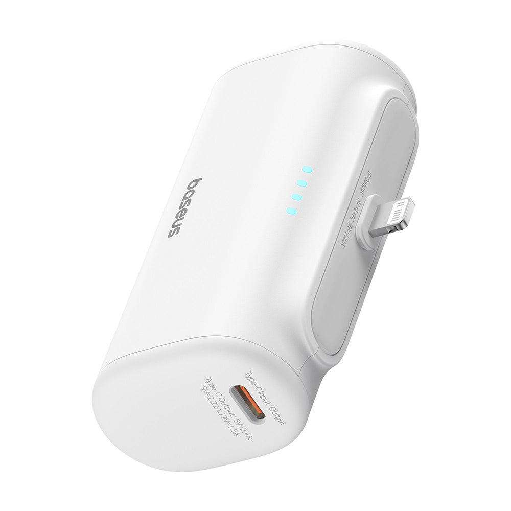 Baseus Compact Ekstern Batteri, 5000mAh, 20W, PD, 1 x Lightning - 1 x USB-C, Hvit P10068307213-00