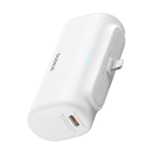 Baseus Compact Ekstern Batteri, 5000mAh, 20W, PD, 1 x Lightning - 1 x USB-C, Hvit P10068307213-00