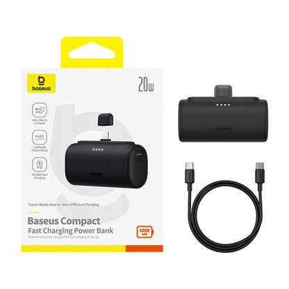 Ekstern batteri Baseus Compact, 5000mAh, 20W, PD, 1 x Lightning - 1 x USB-C, Svart P10068307113-00