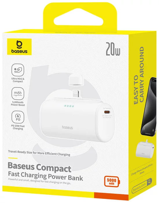Baseus Compact Ekstern Batteri, 5000mAh, 20W, PD, 1 x Lightning - 1 x USB-C, Hvit P10068307213-00