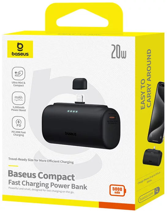 Ekstern batteri Baseus Compact, 5000mAh, 20W, PD, 1 x Lightning - 1 x USB-C, Svart P10068307113-00