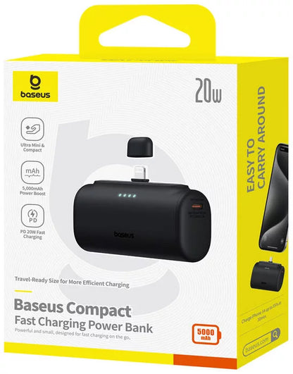 Ekstern batteri Baseus Compact, 5000mAh, 20W, PD, 1 x Lightning - 1 x USB-C, Svart P10068307113-00
