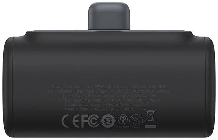 Baseus Compact Ekstern Batteri, 5000mAh, 20W, PD, 2 x USB-C, Svart P10068306113-00