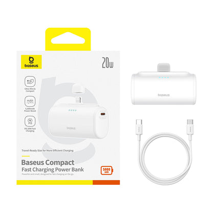 Baseus Compact Ekstern Batteri, 5000mAh, 20W, PD, 1 x Lightning - 1 x USB-C, Hvit P10068307213-00