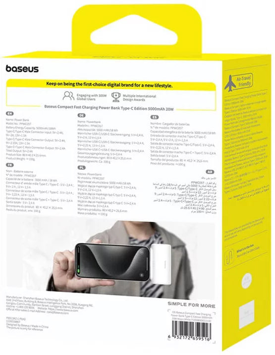 Ekstern batteri Baseus Compact, 5000mAh, 20W, PD, 2 x USB-C, Hvit P10068306213-00