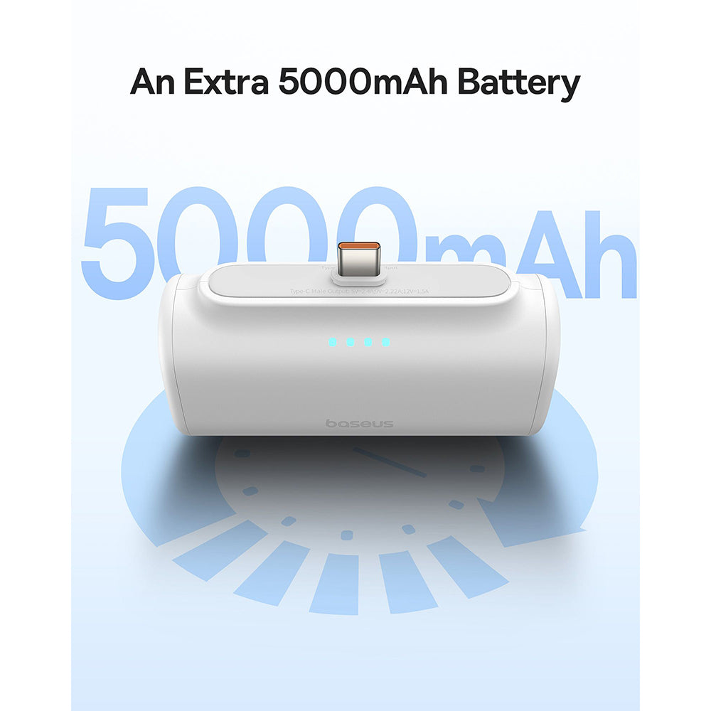 Baseus Compact Ekstern Batteri, 5000mAh, 20W, PD, 1 x Lightning - 1 x USB-C, Hvit P10068307213-00