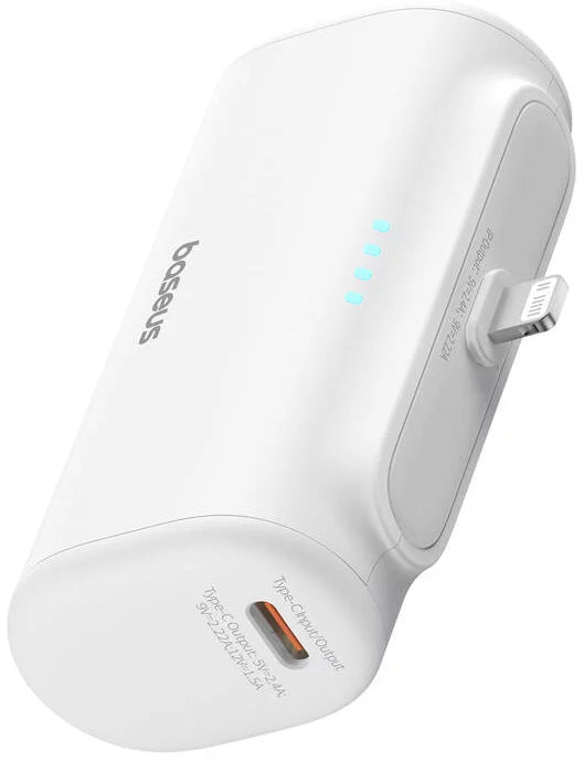 Baseus Compact Ekstern Batteri, 5000mAh, 20W, PD, 1 x Lightning - 1 x USB-C, Hvit P10068307213-00