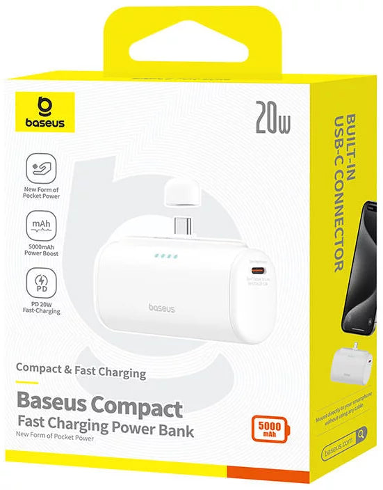 Ekstern batteri Baseus Compact, 5000mAh, 20W, PD, 2 x USB-C, Hvit P10068306213-00
