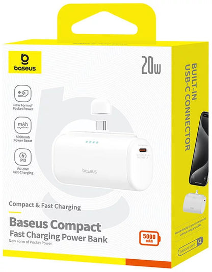 Ekstern batteri Baseus Compact, 5000mAh, 20W, PD, 2 x USB-C, Hvit P10068306213-00