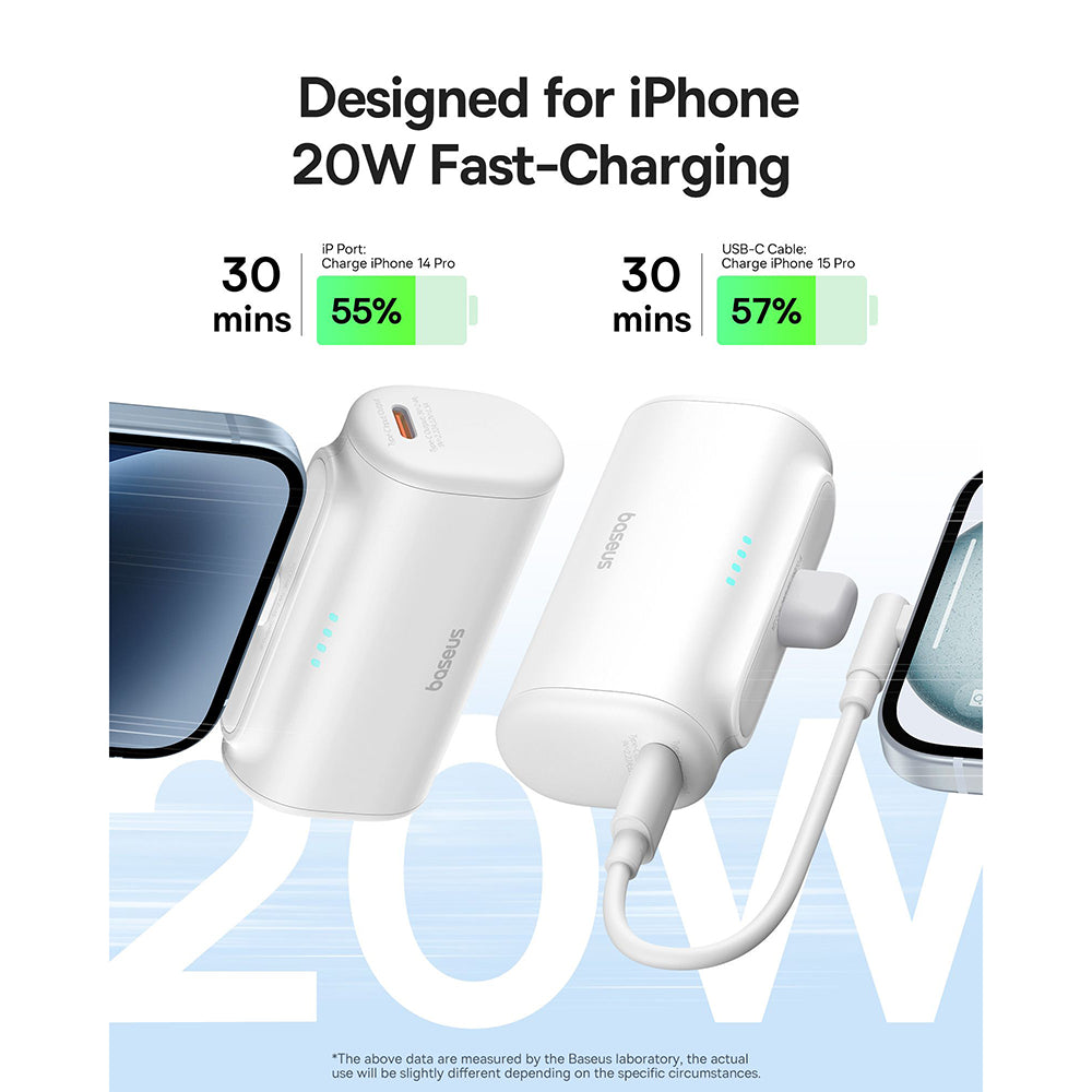 Baseus Compact Ekstern Batteri, 5000mAh, 20W, PD, 1 x Lightning - 1 x USB-C, Hvit P10068307213-00