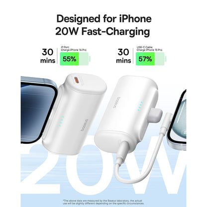 Baseus Compact Ekstern Batteri, 5000mAh, 20W, PD, 1 x Lightning - 1 x USB-C, Hvit P10068307213-00