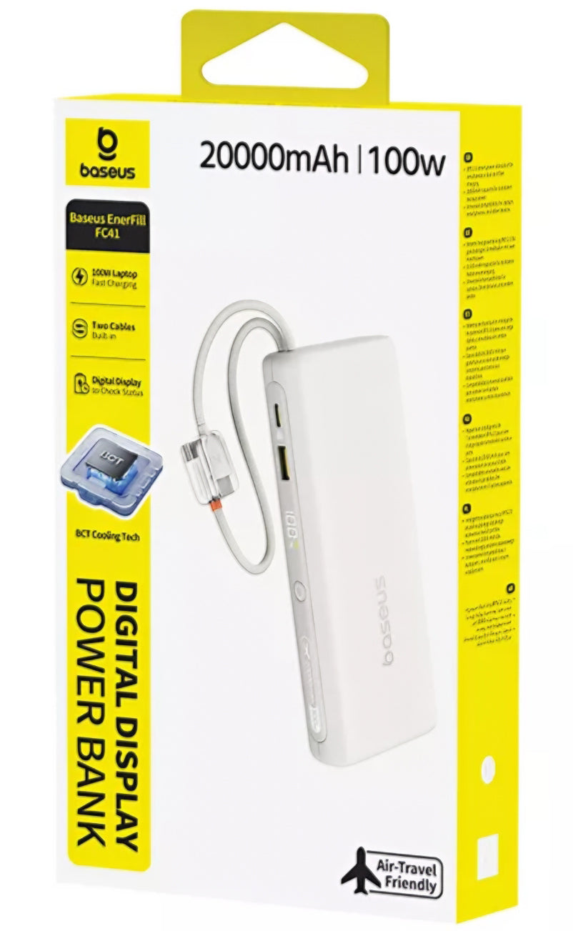 Baseus EnerFill FC41 Ekstern Batteri, 20000mAh, 100W, QC + PD, 1 x USB-A - 3 x USB-C, Hvit E0028N04