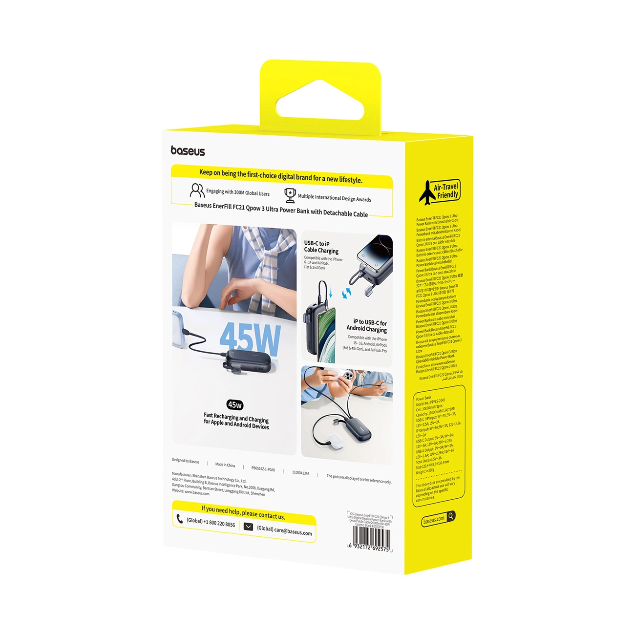 Ekstern batteri Baseus EnerFill FC21 QPow 3 Ultra, 20000mAh, 45W, QC + PD, 1 x USB-A - 1 x USB-C, Svart E0027P00